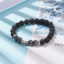 Stretch-Armband aus natürlichem Lavagestein und synthetischem Hämatit mit Röhrenperlen aus Legierung&nbsp;BJEW-JB08319-02