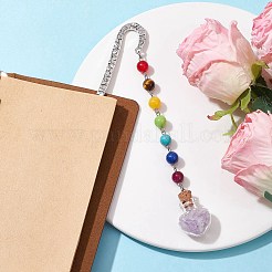 7 perla di pietra preziosa chakra e segnalibri pendenti con bottiglia di auguri a forma di cuore in vetro di ametista naturale&nbsp;AJEW-JK00313-05
