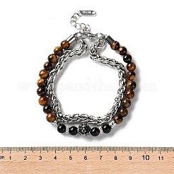 Weizenkette aus Edelstahl 304 und runde Doppelstrangarmbänder aus natürlichem Tigerauge und natürlichen Obsidianperlen&nbsp;BJEW-C119-02