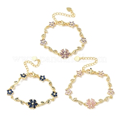 Messing-Gliederkettenarmbänder mit Mikropavé und Zirkonia in Blumen- und Blattform für Damen&nbsp;BJEW-G764-03G