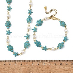 Ensembles collier et bracelet en perles de turquoise synthétique avec étoiles de mer et tortues&nbsp;SJEW-JS01385-02