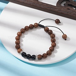 Armband aus runden geflochtenen Perlen aus natürlichem Wengeholz und Obsidian&nbsp;BJEW-JB09757-02