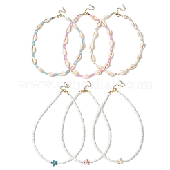 6 Stück 6 Stile gefärbte synthetische türkisfarbene Seesterne & natürliche Kauri-Muschel & Glasperlenketten&nbsp;NJEW-JN05329