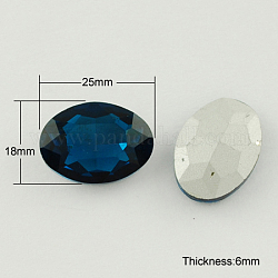 Strass en verre pointé , dos plaqué, facette, ovale, bleu de Prusse, 18x25x6mm
