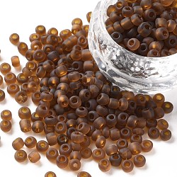 Abalorios de la semilla de cristal, colores esmerilado, redondo, coco marrón, 4mm, agujero: 1~1.5 mm, aproximamente 1000 unidades / 100 g