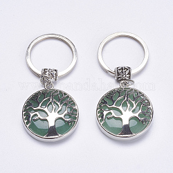Porte-clés aventurine vert naturel, avec accessoires en laiton, plat et circulaire avec arbre de vie, 64mm