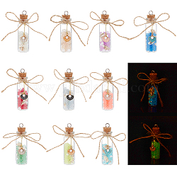 Perles lumineuses dans des décorations pendantes de bouteilles en verre, avec pendentif en alliage d'émail et perles de coquillage en spirale naturelles, pour porte-clés, sac à main, ornement de sac à dos, couleur mixte, 76x22mm, Trou: 5.5mm, 10 couleurs, 1 pc / couleur, 10 pcs / boîte