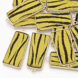 Umweltfreundliche Rindslederanhänger, mit Cabochon-Fassungen aus vergoldeter Legierung, Trapez mit Zebrastreifenmuster, Gelb, 40~41x20x2.5 mm, Bohrung: 1.6 mm