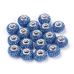 Perline europei Rhinestone del grado A, perline con foro grande, resina, con anima in ottone placcato color argento, rondelle, zaffiro, 15x10mm, Foro: 5 mm