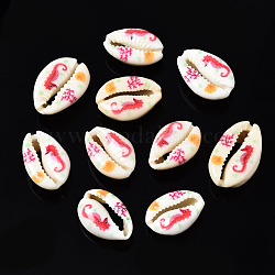 Printed Natural Cowrie Shell Beads, No Hole, Sea Horse Pattern, Crimson, 18~23x13~16x7~8mm