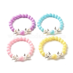 Acrylic Beaded Stretch Bracelets for Kids, with Imitation Pearl & Alloy Wings Beads Bracelets, Mixed Color, Inner Diameter: 1-3/4 inch(4.3cm), 6~10mm