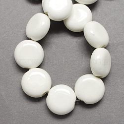Handmade Porcelain Beads, Bright Glazed Porcelain, Flat Round, White, 21x20x8.5~12mm