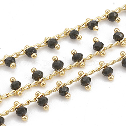 Handmade Glass Beaded Chains, Soldered, with Spool, Brass Findings, Faceted, Round, Nickel Free, Real 18K Gold Plated, Black, 5.5mm, about 32.8 Feet(10m)/roll