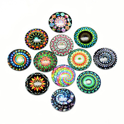 Печатные стеклянные плоские задние кабошоны, купол / полукруглый, геометрическая цветочная тема, разноцветные, 25x6.5 мм