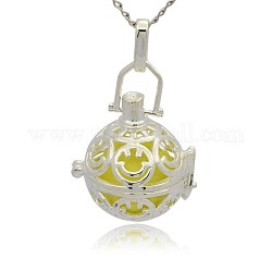 Silver Color Plated Brass Hollow Round Cage Pendants, with No Hole Spray Painted Brass Round Ball Beads, Champagne Yellow, 35x25x21mm, Hole: 3x8mm