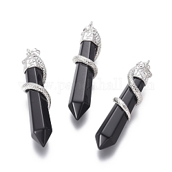 Ágata negro natural colgantes grandes, con fornituras de latón, serpiente con diamantes, color del metal platino, 60x12mm, agujero: 5x7 mm