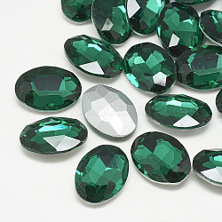 Cabochons en verre avec strass de dos avec point, dos plaqué, facette, ovale, med.emerald, 8x6x3mm