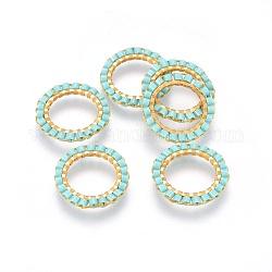 MIYUKI & TOHO Handmade Japanese Seed Beads, with 304 Stainless Steel Link Rings, Loom Pattern, Ring, Golden, Pale Turquoise, 14.5~15x1.7mm