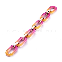 Handmade Two Tone Opaque Acrylic Cable Chains, with CCB Plastic Linking Rings, Flat Oval, Rose Gold, Magenta, Links: 31x19.5x5.5mm and 18.5x11x4.5mm, 39.37 inch(1m)/strand
