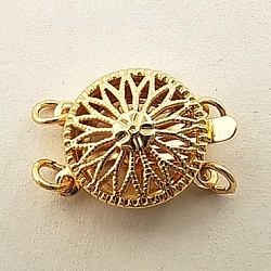 Messingfeld Spangen, Multi-Strang-Klammern, 2-Stränge, 4 Löcher, flach rund mit Blume, golden, 12.8 mm