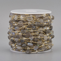 Handgefertigte Perlenketten aus natürlichem Labradorit, mit Unterlegscheibe-Glasperlen und Messingkabelketten, langlebig plattiert, ungeschweißte, mit Spule, Nuggets, golden, Link: 2.5x1x0.3 mm, Edelstein Perlen: 6~12x6~6.5x4~4.5 mm, Glasperlen: 4x3 mm, ca. 32.8 Fuß (10m)/Rolle