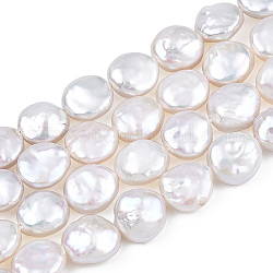 Baroque Natural Keshi Pearl Beads Strands, Freshwater Pearl, Flat Round, Seashell Color, 12~14x9~10x4~6mm, Hole: 0.6mm, about 31~34pcs/strand, 15.55~16.14''(39.5~41cm)