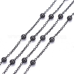 304 Edelstahl-Kabelketten, mit 304 Edelstahlperlen, gelötet, mit Spule, Elektrophorese schwarz, Link: 1.5x1.2x0.2 mm, Perlen: 3 mm, ca. 32.8 Fuß (10m)/Rolle