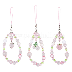 Acrylic Beads Mobile Straps, Resin Charm and Polyester Cords Mobile Accessories Decoration, Peach & Cherry & Strawberry, Pink, 17cm, 3pcs/set