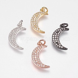 Brass Micro Pave Cubic Zirconia Pendants, Moon, Mixed Color, 19x11x2mm, Hole: 2.5mm