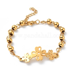 Vacuum Plating 304 Stainless Steel Clover Link Bracelet with Beaded Chains for Women, Golden, 7-1/4 inch(18.5cm)