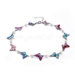 Link Chain Necklaces, with Glass Pearl, Butterfly Shape Alloy Enamel Links, Iron Twisted Chains and 304 Stainless Steel Lobster Claw Clasps, Colorful, 15.55 inch(39.5cm)