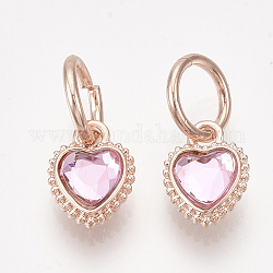 Colgantes de cristal, fornituras de aleación, facetados, corazón, oro rosa, rosa perla, 11.5x8.5x4.5mm, agujero: 6.5 mm