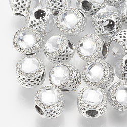 Alliage plat rond ton platine strass perles européennes, Perles avec un grand trou   , avec strass acrylique, clair, 11~12x13~14mm, Trou: 4.5mm
