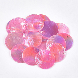 Colgantes de concha de capiz chapados en color ab, teñido, plano y redondo, color de rosa caliente, 24~25x1~2mm, agujero: 1.5 mm