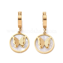 Synthetic White Shell Butterfly Dangle Hoop Earrings, Ion Plating(IP) 304 Stainless Steel Jewelry for Women, Golden, 34mm, Pin: 1mm
