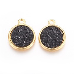 Resin Pendants, with Golden Tone Alloy Findings, Flat Round, Black, 18x15x3.5~4mm, Hole: 1.8mm