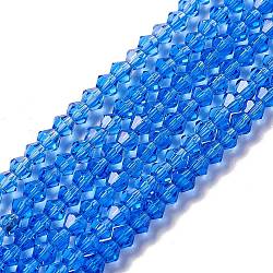 Nachahmung österreichischer Kristall 5301 Doppelkegelperlen, Facettierte Glasperlen Stränge, Blau, 3x3~3.5 mm, Bohrung: 0.5 mm, ca. 125~130 Stk. / Strang, 15.5 Zoll