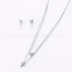 304 Stainless Steel Jewelry Sets, Stud Earrings and Pendant Tiered Necklaces, with Rhinestone, Cross and Heart, Stainless Steel Color, Necklace: 18.1 inch(46cm), 1.5mm, Stud Earrings: 7x8x1.2mm, Pin: 0.8mm
