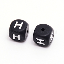 Silicone Beads, Cube with Letter.H, Black, 12x12x12mm, Hole: 2mm