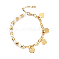 201 bracelet breloque cadenas cœur en acier inoxydable, bracelet en perles de plastique avec placage sous vide 304 chaînes de câbles en acier inoxydable pour femmes, or, 7-1/2 pouce (19 cm)