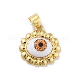 Brass Pendants, with Acrylic, Cadmium Free & Lead Free, Long-Lasting Plated, Oval with Evil Eye, Real 18K Gold Plated, Saddle Brown, 16x16.5x5.5mm, Hole: 4x3.5mm