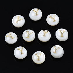 Perles de coquillages naturels d'eau douce, avec ornements en métal gravé en laiton doré, plat rond avec la lettre, couleur de coquillage, letter.y, 6x4mm, Trou: 0.8mm