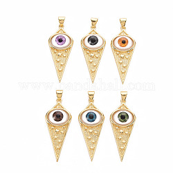 Brass Pendants, with Resin Eye, Cadmium Free & Nickel Free & Lead Free, Real 16K Gold Plated, Mixed Color, 36x15x6mm, Hole: 5x3mm