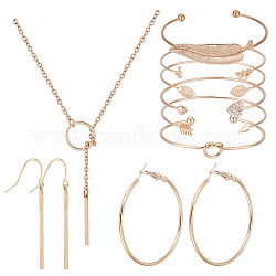 ANATTASOUL Alloy Rectangle Bar Pendant Dangle Earrings & Bangles & Lariat Necklace, Jewelry Set for Women, Golden, 25-5/8 inch(65cm), 2-3/8~2-7/8x1-3/4~2-1/8 inch(6.05~7.3x4.4~5.45cm), 54x49x5mm, Pin: 0.7mm