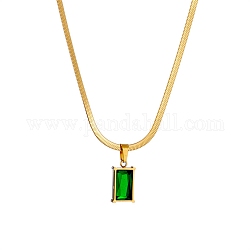 Collier pendentif rectangle en zircon cubique vert d'eau, avec chaînes à chevrons en acier inoxydable doré 304, or, 16 pouce (40.7 cm)