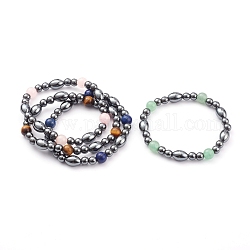 Non-magnétiques perles synthétiques d'hématite étirer bracelets, avec des perles naturelles de pierres précieuses, Rond et ovale, couleur mixte, diamètre intérieur: 2-1/4 pouce (5.8 cm)