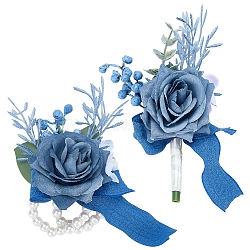 CRASPIRE 2Pcs 2 Style Silk Cloth & Plastic Imitation Flower Corsage Boutonniere & Wrist Corsage, for Wedding, Party Decorations, Slate Gray, 47x123x145mm, 1pc/style