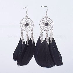Alloy Dangle Earrings, with Brass Earring Hooks, Natural Lava Rock Round Beads and Goose Feather Costume, Woven Net/Web with Feather, Black, 130mm, 110x48x8mm, Pin: 0.6mm