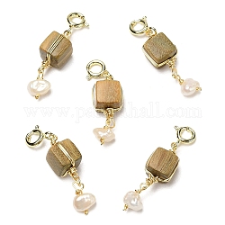 Wire Wrapped Verawood Cube Pendant Decorations, Natural Pearl Ornament with Brass Spring Ring Clasps, Real 14K Gold Plated, 33.5mm