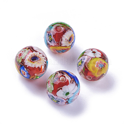 Perles vernissées manuelles, ronde, fleur intérieure, colorées, 15~17mm, Trou: 2mm